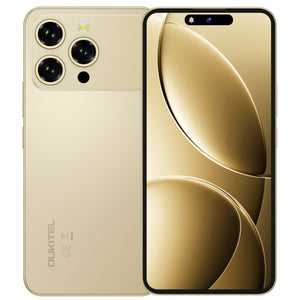 Oukitel P1 Pro gold smartphone featuring 6.7-inch display, 5150mAh battery, ultra-thin 8.2mm body, 8GB RAM and 512GB storage.