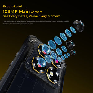 Oukitel WP60 rugged smartphone featuring a 108MP main camera with advanced multi-layer lens design for ultra-clear and detailed photography.