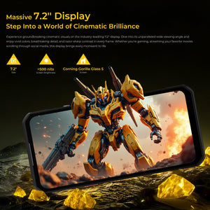 Oukitel WP60 rugged smartphone featuring a massive 7.2-inch HD+ display with over 500 nits brightness and Corning Gorilla Glass 5 protection for immersive cinematic visuals.