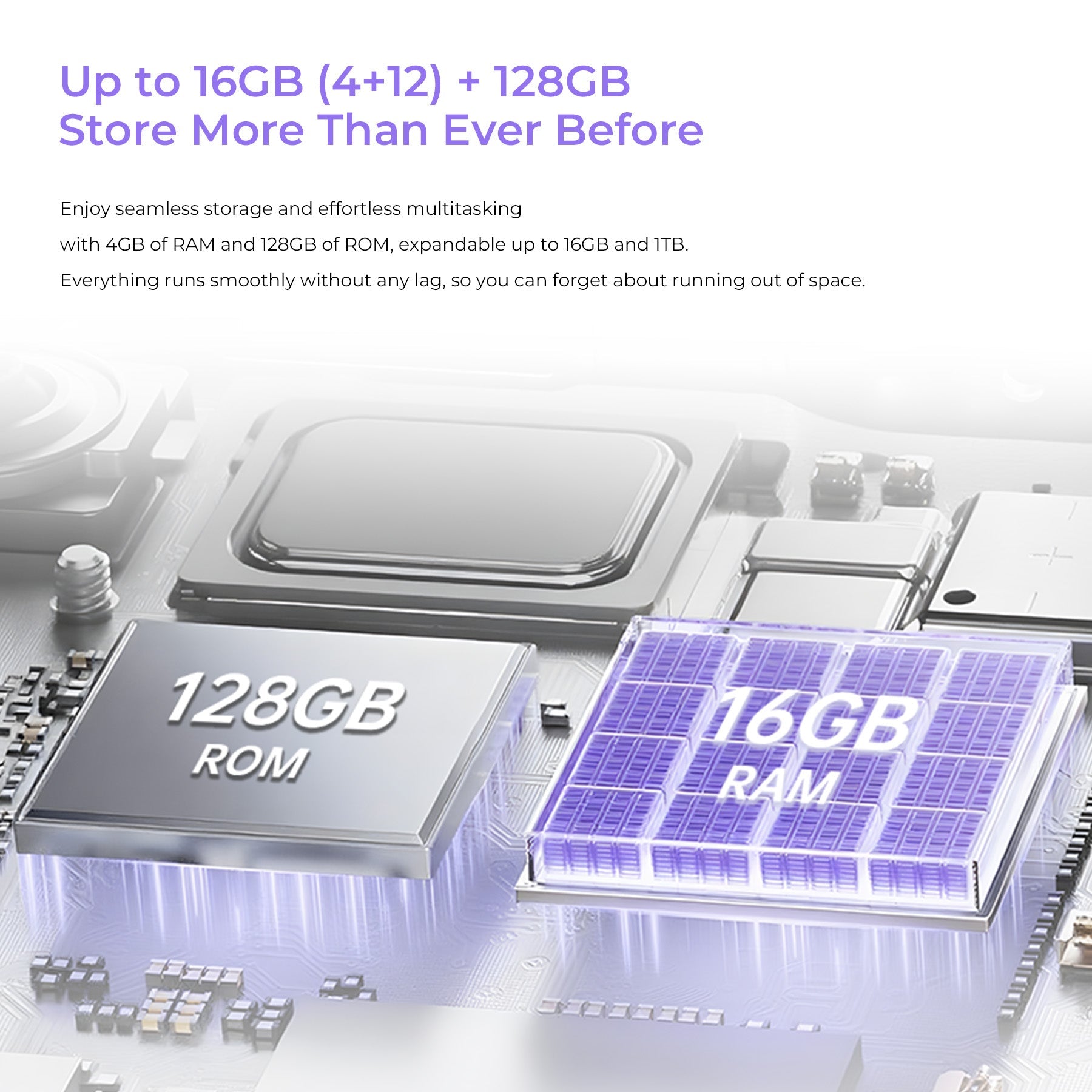 Oukitel C2 smartphone with up to 16GB RAM and 128GB ROM, offering smooth multitasking and large expandable storage