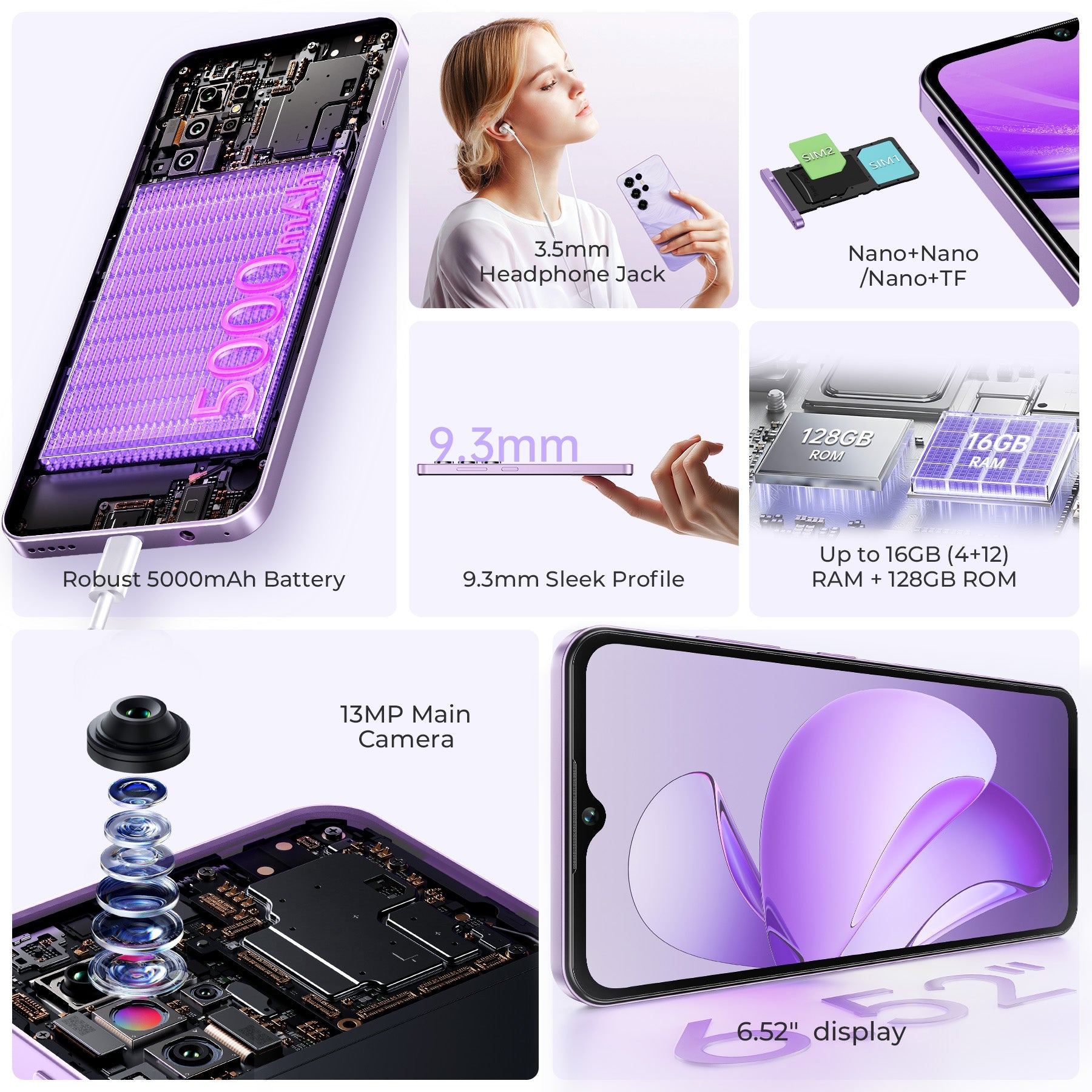 Oukitel C2 smartphone key features including 6.52-inch display, 5000mAh battery, 13MP main camera, 9.3mm slim body, 3.5mm headphone jack, and up to 16GB RAM with 128GB storage