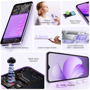 Oukitel C2 smartphone key features including 6.52-inch display, 5000mAh battery, 13MP main camera, 9.3mm slim body, 3.5mm headphone jack, and up to 16GB RAM with 128GB storage