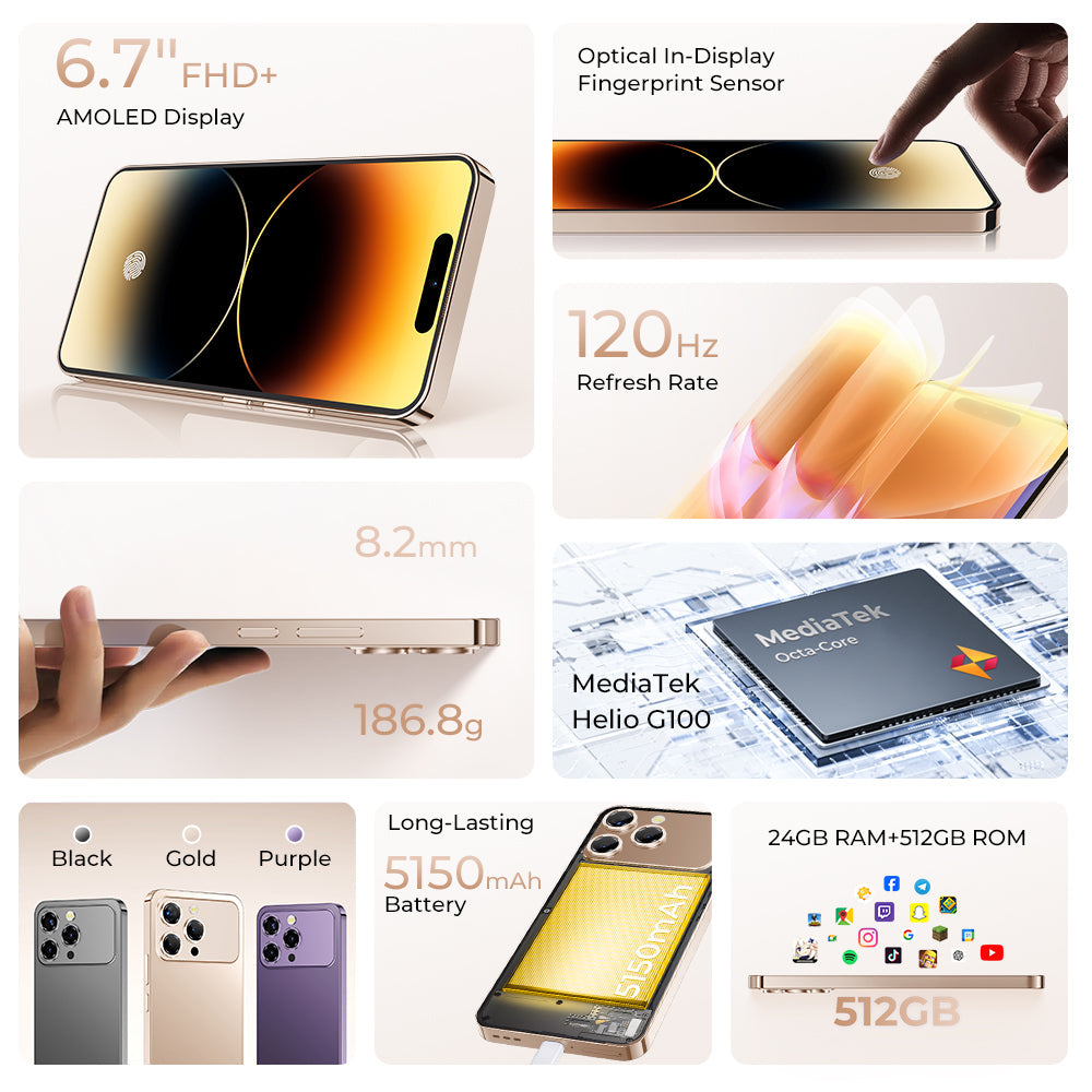 Oukitel P1 Pro smartphone key features including 6.7-inch FHD+ AMOLED display, 120Hz refresh rate, in-display fingerprint sensor, slim 8.2mm body, 186.8g lightweight design, MediaTek Helio G100 processor, 24GB RAM, 512GB storage, and 5150mAh battery.