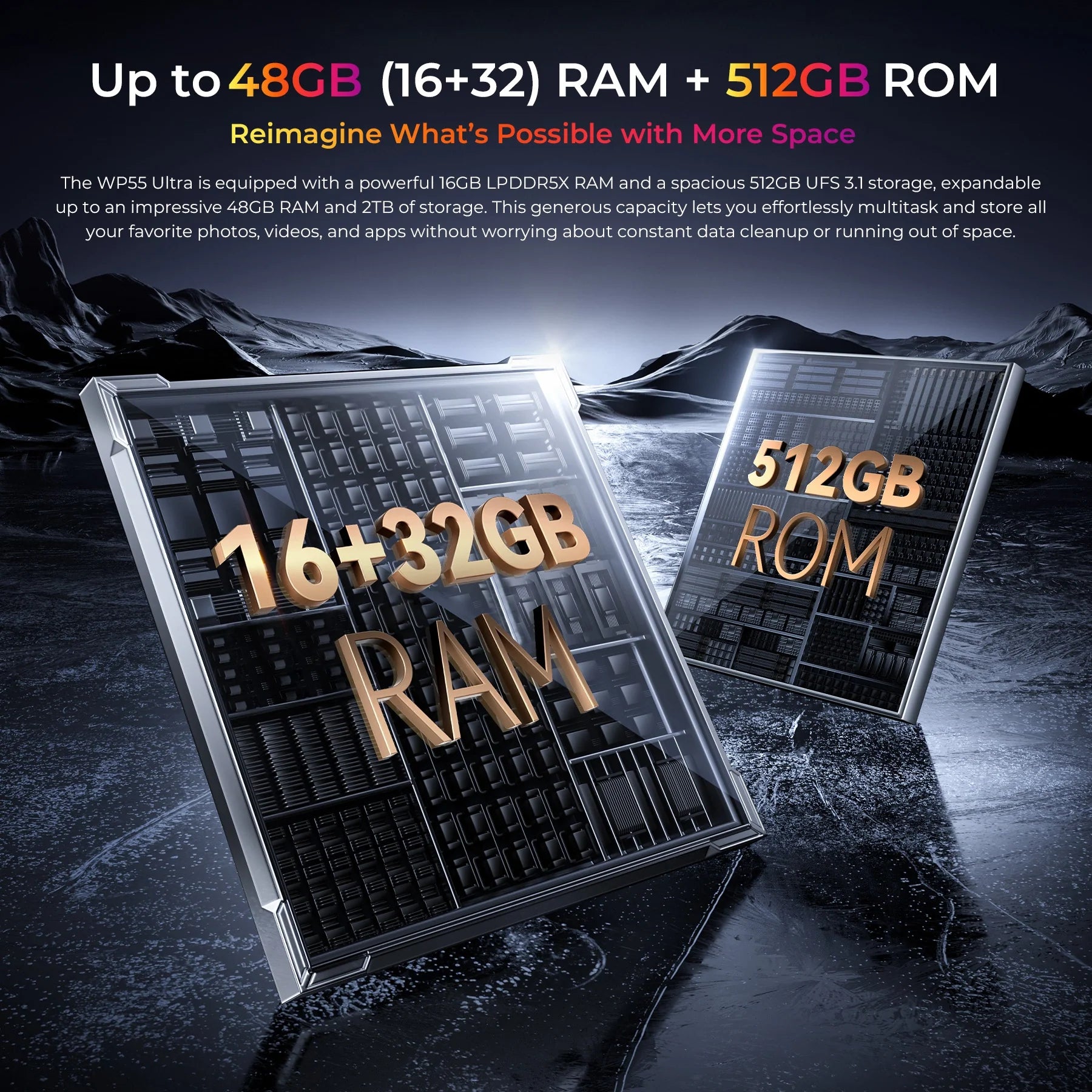 Oukitel WP55 Ultra rugged smartphone with up to 48GB RAM (16GB+32GB expansion) and 512GB ROM, supporting 2TB expandable storage for powerful multitasking and massive file storage.