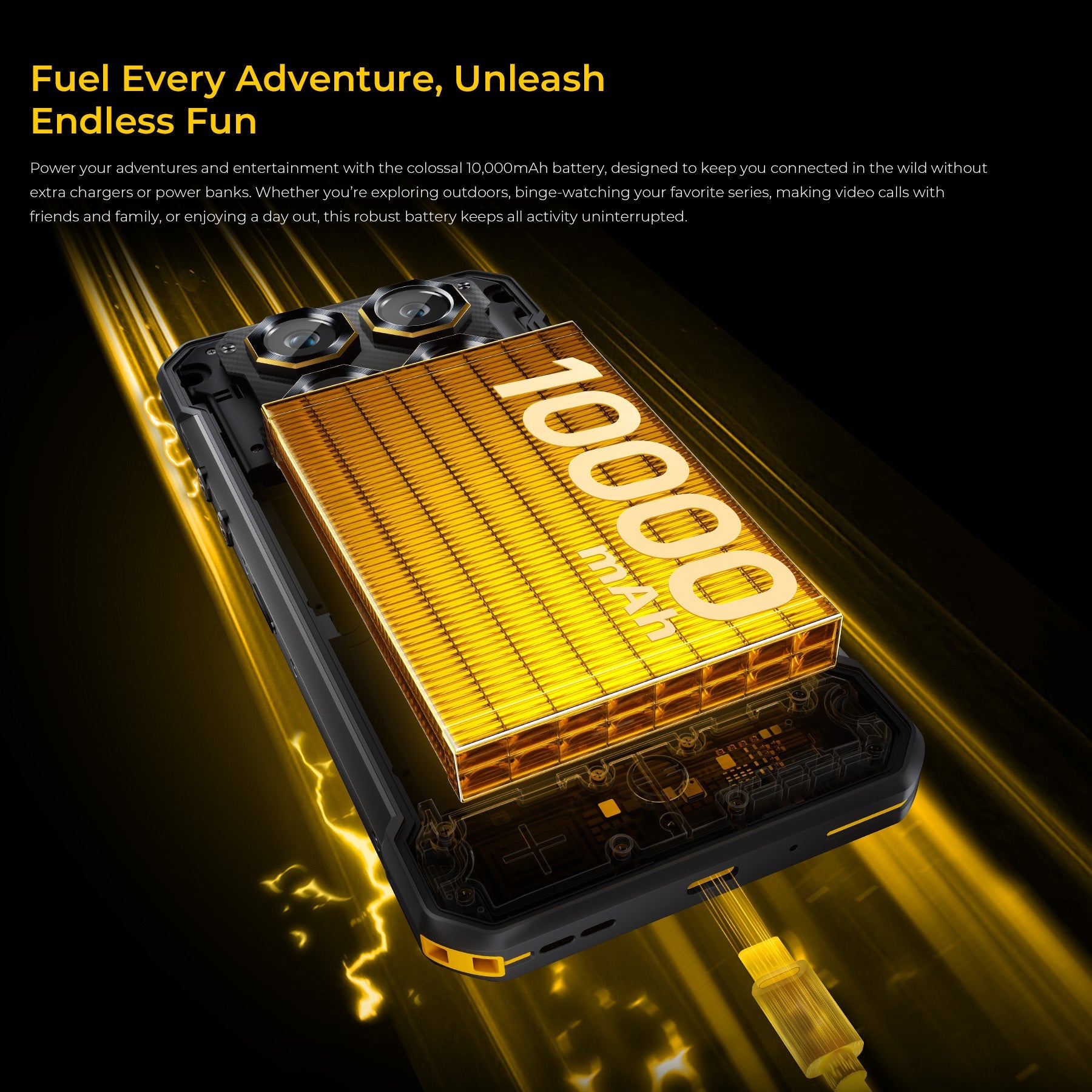 Oukitel WP60 rugged phone with a massive 10000mAh battery, providing long-lasting power for outdoor adventures, gaming, and daily use.